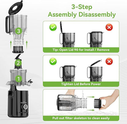 Cold Press Juicer - 5.3" Large Feed Chute Juicer Machines for Whole Vegetables & Fruits, 99% High Juice Yield, Quiet & Easy to Clean Slow Masticating Juicer, BPA-Free, Preserves More Nutrients (Black)