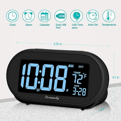 DreamSky Alarm Clocks for Bedrooms, Auto Set Digital Desk Clock for Bedside Nightstand, Electric Clock with Dimmable Brightness Dimmer, Auto DST, USB Port, Date, Temperature, Snooze
