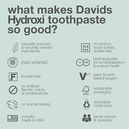 Davids Hydroxi Fluoride Free Nano Hydroxyapatite Whitening + Enamel Health Toothpaste, Antiplaque, Fresh Breath, Remineralizing, SLS Free, Natural Peppermint, 4 oz, Made in USA