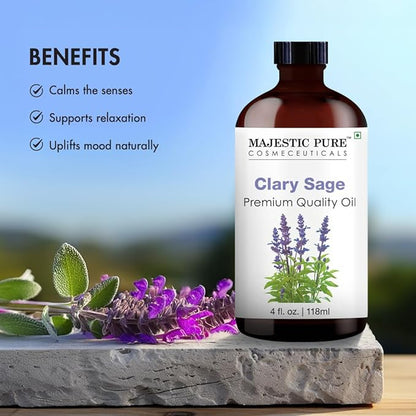 Majestic Pure Clary Sage Essential Oil with Glass Dropper - Huge 4 Fl Oz - 100% Pure and Natural Clary Sage Oil - Premium Grade Essential Oils for Diffuser, Aromatherapy, Soap and Candle Making