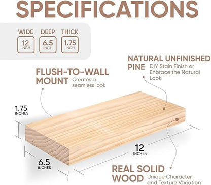 Homeforia Wood Floating Shelf 12 inch, High End Solid Natural Wood 12inch Floating Shelves for Wall Mounted, Unfinished Small Wooden Floating Shelves, Heavy Duty Bracket, 12 X 6.5 X 1.75 in, Set of 3
