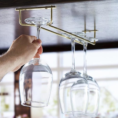 Soro Essentials- 16" Glass Hanging Stemware Rack Brass Plated Set of 2- Wine Glass Hangers Under Shelf Cabinet Wire Wine Holder Storage Hanger for Cabinet Kitchen Bar or Home