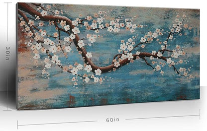 Huge Wall Art for Living Room 100% Hand-Painted Flower Oil Painting On Canvas Gallery Wrapped Floral Plum Blossom Artwork for Bedroom Office Decor One Panel 60x30inch Extra Large
