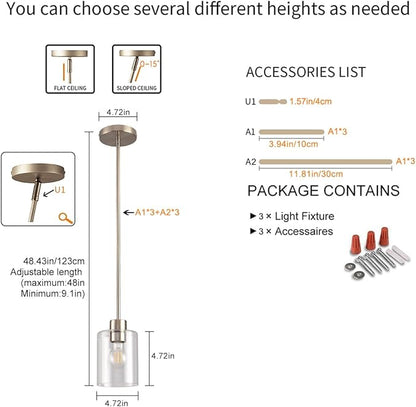 Brushed Nickel Pendant Lights Kitchen Island - Clear Glass Pendant Light Fixture Multiple Stems Rods 3 Units 12 Inch 3 Units 4 Inch (3 Pack Brushed Nickel)