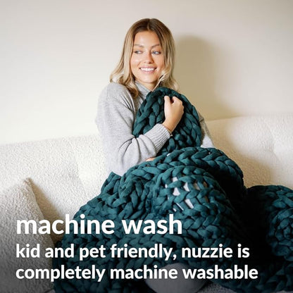 Nuzzie Chunky Knit Blanket - Breathable, Cooling, Hand Made Knit Throw Blanket for Sleep - Machine Washable, Stylish Decor Design (Forest Green, Full | 16lbs | 48"x72")