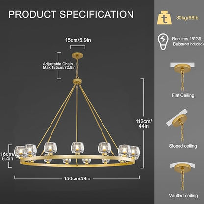 Gold Wagon Wheel Chandelier, 59 Inch Brass Chandeliers with Unique Glass Shade, 15-Light Crystal Large Wagon Wheel Chandeliers for Dining Room, High Ceiling Round Chandelier for Living Room, Foyer