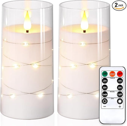 NURADA Flickering Flameless Candles: Built-in Star String Lights, Acrylic Battery Operated LED Pillar Candles with Remote and Timer for Romantic Mood Home Decoration - 2 Pack Pure White