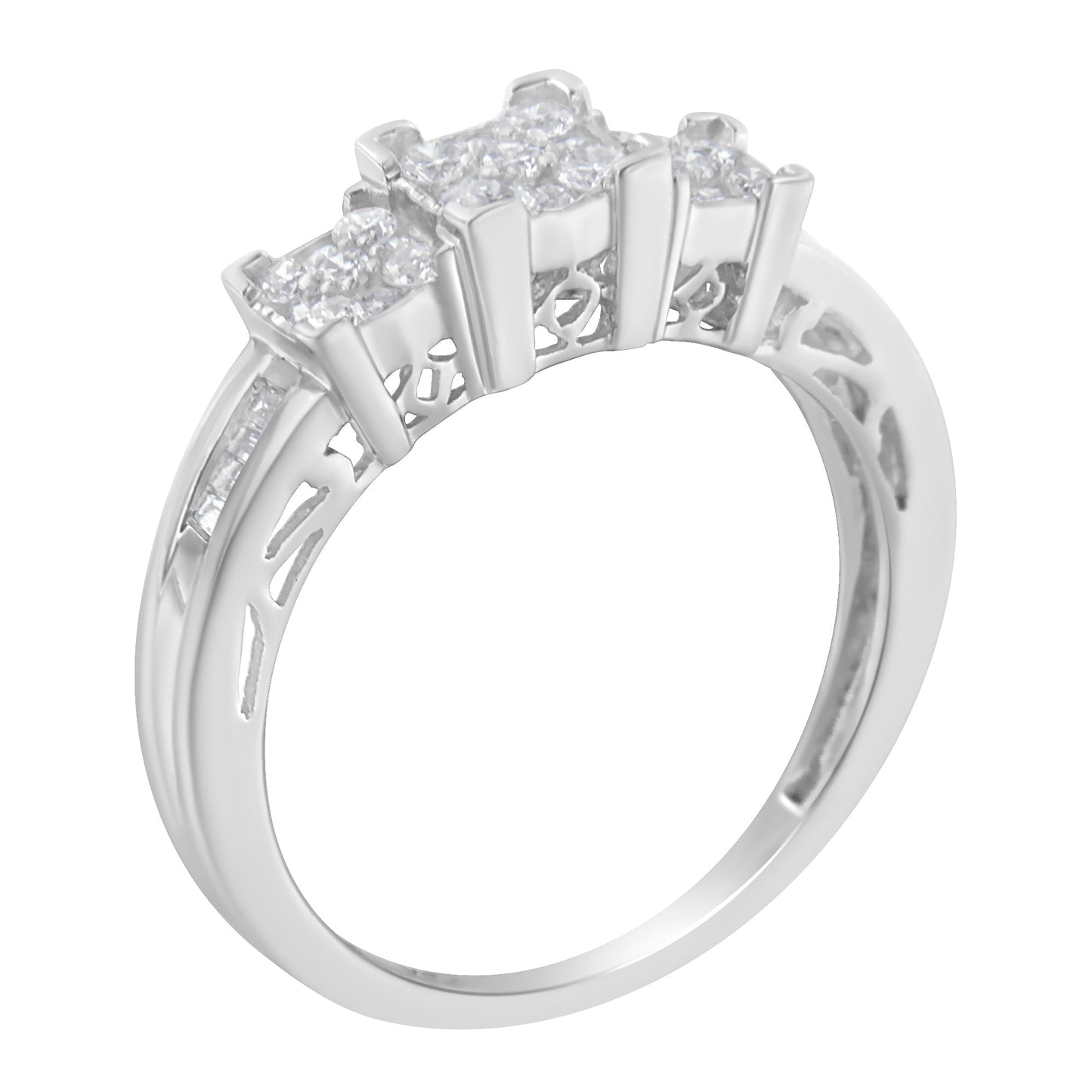 10K White Gold 1/2 Cttw Brilliant & Baguette Cut Diamond 3 Stone Design with 3 Square Clusters Engagement Ring (H-I Color, SI2-I1 Clarity) - Size 6-3/4
