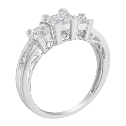 10K White Gold 1/2 Cttw Brilliant & Baguette Cut Diamond 3 Stone Design with 3 Square Clusters Engagement Ring (H-I Color, SI2-I1 Clarity) - Size 6-3/4