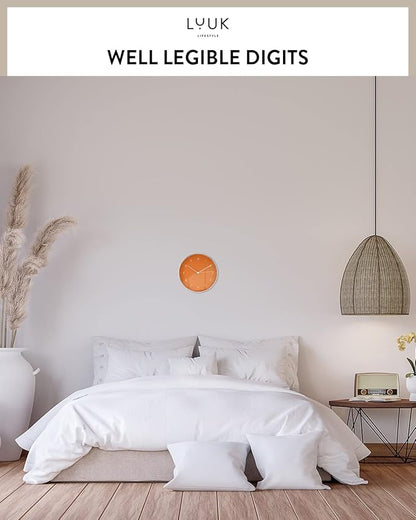 LUUK LIFESTYLE Silent Quartz Wall Clock, Modern and Minimalist Design, Without Ticking, 10” Kitchen Clock, for Living Room, Bedroom, Housewarming Gift, Orange and Silver
