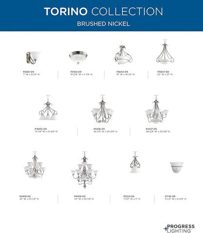 Torino Collection 3-Light Etched Glass Transitional Inverted Pendant Light Brushed Nickel