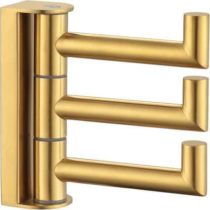 Angle Simple 3 Arms Towel Hook Brushed Gold, 304 Stainless Steel Swivel Triple Towel Holder, Folding Bathroom Hook, Wall Mount