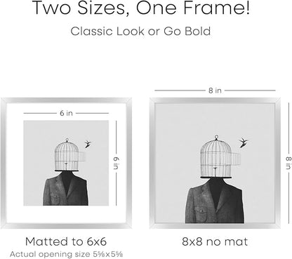 Homeforia 8x8 Silver Picture Frame, High End Metal 8 x 8 Square Frames with Mat 6 by 6 Photo, 8x8 Brass Frame Matted to 6x6 inch Print, 8by8 Wall or Tabletop Frames, Tempered Glass, Wall Kit, Set of 1