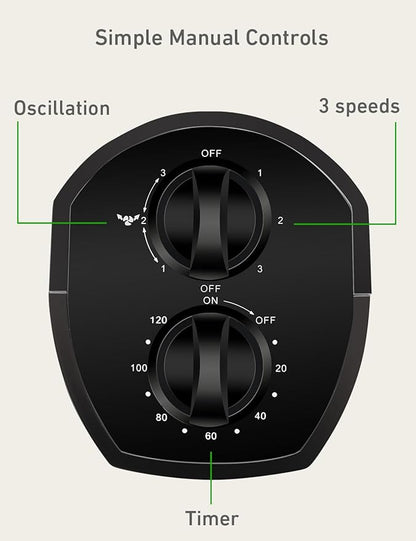 Holmes 31" Manual Tower Fan, 70° Oscillation, 3 Speeds, 2-Hour Auto Shut-Off Timer, Adjustable Vents, Compact and Slim Profile, Carry Handle, Ideal for Cooling your Home, Bedroom or Office, Black