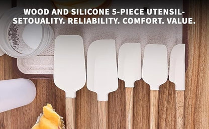 Ptanexx Wooden Handle Silicone Spatula Set 5 Piece, Batter Mixing Spatula, Spatula for Cooking, Jars, Baking, Mixing, Frosting