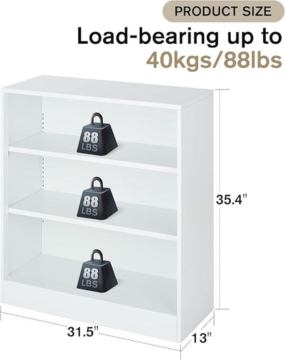 3-Tier Bookshelf with Adjustable Shelves, White Metal Space Saving Storage Shelf Bookcase, Small Open Storage Shelf for Living Room, Home Office, Dinning Room, Pantry (White-36H)
