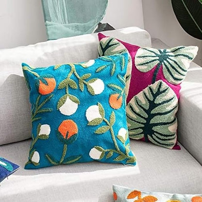 MOCOFO Canvas Embroidered Flower Pillow Case Spring Embroidery Craft Modern Simple Throw Pillow Cover for Sofa,Bedroom,Office (Wild Fruit, 18x18’’)