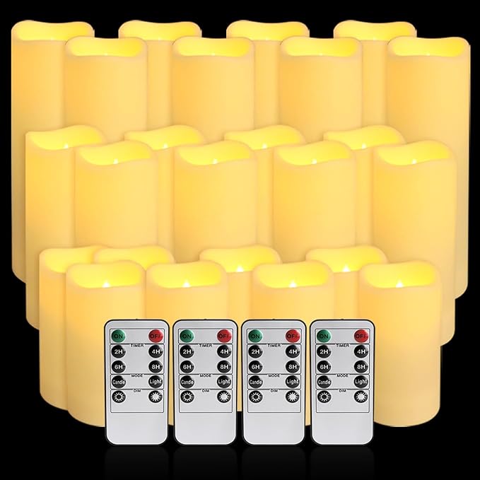 Set of 24 Waterproof Outdoor Flameless Candles,Realistic LED Candles with 4 Remote and Timer,(H 4" 5" 6" x D 2.2"),for Halloween Wedding Festival Decor.