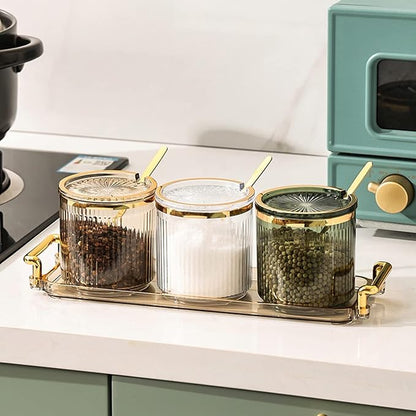 Acrylic Condiment Spice Jars and Box with Lids, Spoons, Tray - 3 Pack, Clear Plastic Canisters, Seasoning Box Set for Salt, Paprika, Sugar - Kitchen Storage