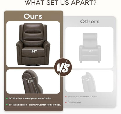 COLAMY Oversized Leather Recliner Chair, 360°Swivel Rocking Manual Recliner with Thick Cushioned Padding Backrest and Wide Seat - Lightbrown
