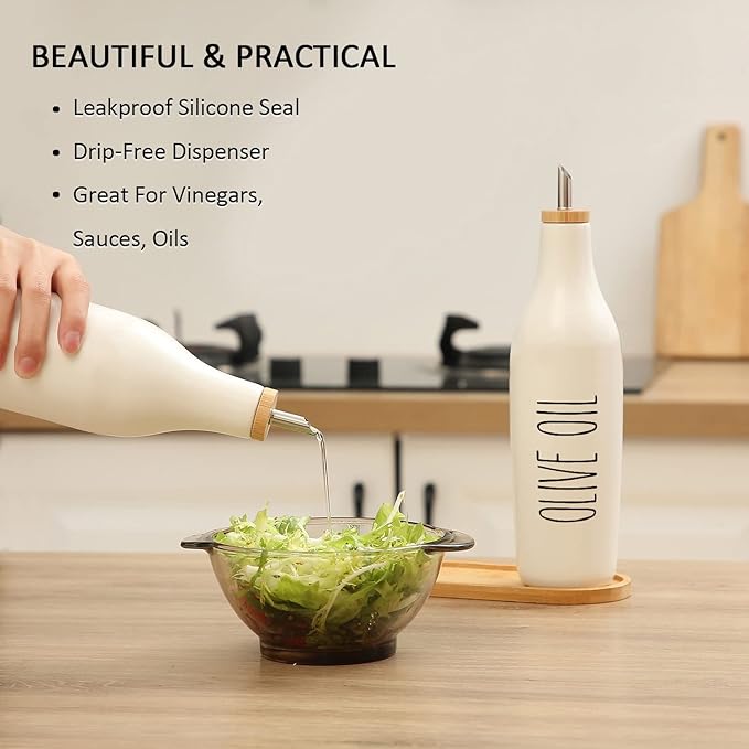 HOMCDALY Ceramic Olive Oil Dispenser for Kitchen, Stoneware 16oz Oil Cruet and Vinegar Bottles Dispenser, Kitchen Dispenser Bottle for EVOO Vinegar Syrups, Modern Farmhouse Design(W-O)