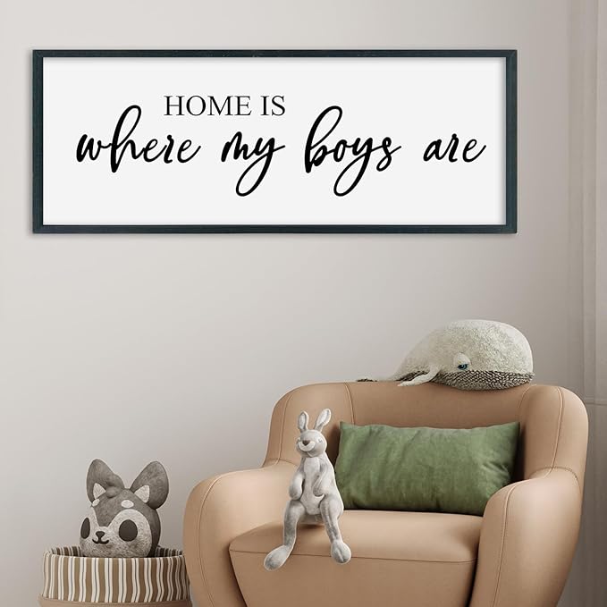 SRSZHIYUE Home Is Where My Boys Are Sign 32"×12" New Mothers Day Gifts ideas Wall Art for kids Playroom Mom Quote Bedroom Large Wood Framed Wall Hanging Decor (Black)