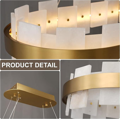 37.4" Natural Spanish Alabaster Rectangle Chandelier, Adjustable Luxury Ceiling Light for Dining Room Over Table, Kitchen Island, Modern Marble Chandeliers for Bedroom, Foyer, Entryway
