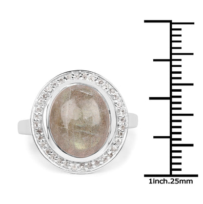 5.43 Carat Genuine Labradorite and White Topaz .925 Sterling Silver Ring