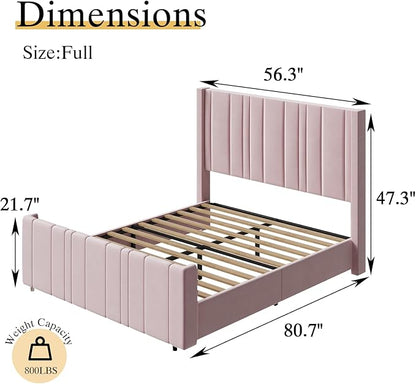 HOMBCK Pink Full Size Bed Frame Upholstered Bed with Velvet Tufted Headboard & Footboard, Mattress Foundation/Wooden Slats/Noise Free/No Box Spring Needed/Easy Assembly