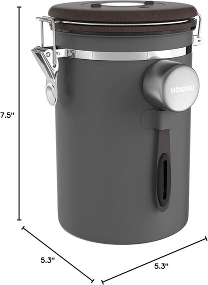 HAIOOU Airtight Coffee Canister Wood Grain [New Version], 22OZ Large Stainless Steel Coffee Bean Storage Container with Date Tracker, Measuring Scoop, CO2 Releasing Valves - Walnut and Gray