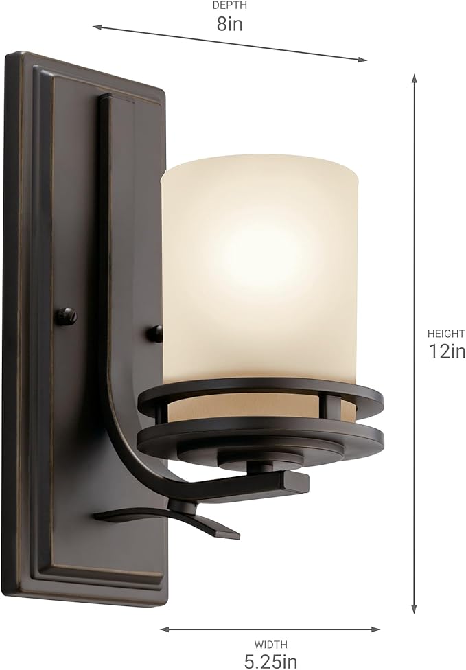 Kichler Hendrik 12” Wall Light Fixture in Olde Bronze with Umber Etched Glass, 1-Light Wall Lamp for Bedroom or Living Room, 5076OZ