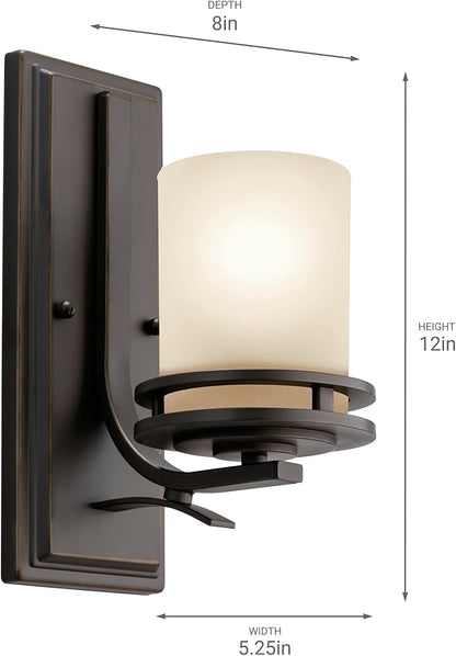 Kichler Hendrik 12” Wall Light Fixture in Olde Bronze with Umber Etched Glass, 1-Light Wall Lamp for Bedroom or Living Room, 5076OZ
