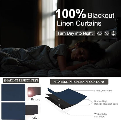 Navy Blue Blackout Curtains 108 Inches Long 2 Panel Large Window Back Tab Pleated Heavy Thick Linen Insulated Thermal Curtains Summer Heat Blocking Light Weight Black Out Drapes for Sliding Glass Door