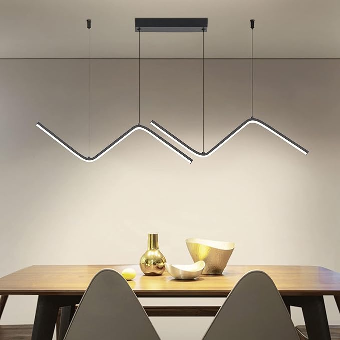 LED Modern Linear Pendant Lights, Dimmable LED Hanging Chandelier Fit Dining Room Kitchen Island, 3000K-6000K with Remote Contro Bright Light Fixture (Black, 47.2IN)