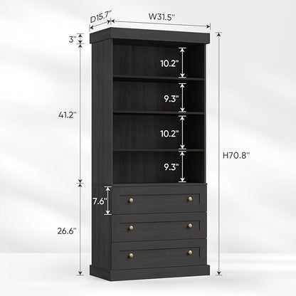 Vyre 71" Tall Farmhouse Bookshelves with Drawers, Large Modular Bookcase with Adjustable Shelves, Storage Cabinet for Living Room, Kitchen, Home Office, Black