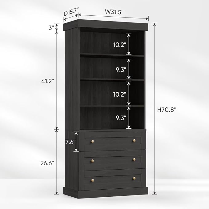 Vyre 71" Tall Farmhouse Bookshelves with Drawers, Set of 4 – Large Modular Bookcase with Adjustable Shelves, Storage Cabinet for Living Room, Kitchen, Home Office, Black