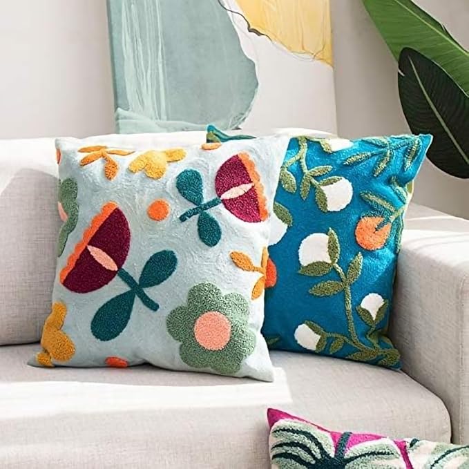 MOCOFO Canvas Embroidered Flower Pillow Case Spring Embroidery Craft Modern Simple Throw Pillow Cover for Sofa,Bedroom,Office (Wild Fruit, 18x18’’)