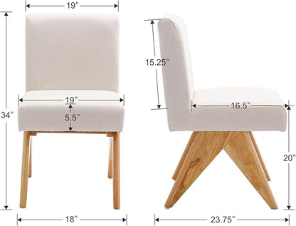 Mid Century Modern Farmhouse Dining Chairs Set of 6, Upholstered Armless Kitchen Chairs with Back and Wooden Legs, Linen Beige