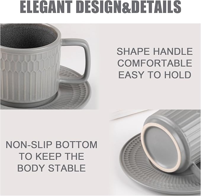 Large Cappuccino Cups with Saucers Set of 4, 8 Ounce Stackable Embossed Ceramic Coffee Mugs for Specialty Coffee Drinks, Latte, Cafe Mocha and Tea, Dishwasher & Microwave Safe (Grey)