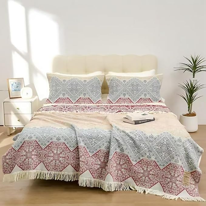 Boho Muslin Blanket for Adults 4-Layer Gauze Twin Size Soft Cozy 100% Cotton Summer Cooling Blanket Floral Decor for Sofa Bed Coverlet Both Sides (Tassels Boho, Twin 60 x 80 in)