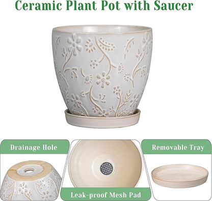 6 Inch Ceramic Plant Pot for Indoor Plants Outdoor Round Planter Flower Pot with Drainage Hole and Saucer for Home Garden Office Decor White