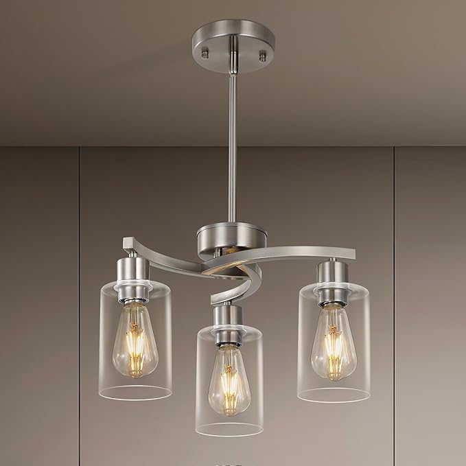 3-Light Brushed Nickel Dining Room Light Fixture,Modern Kitchen Chandeliers Over Table，Adjustable Height Industrial Hanging Pendant Lights for Kitchen Island with Glass Shade