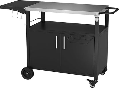 Vongrasig Grill Cart with Storage, Outdoor Bar Cart Rolling BBQ Cart Movable Pizza Oven Table Stand with Foldable Stainless Steel Top & Storage Cabinet, Black
