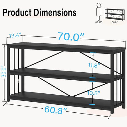 LVB Black Entryway Table, Modern Extra Long Sofa Console Table, Metal Wood Narrow Hallway Table with Storage Shelves, Industrial Skinny Foyer Couch Tables for Living Room Bedroom, Black Oak, 70 Inch