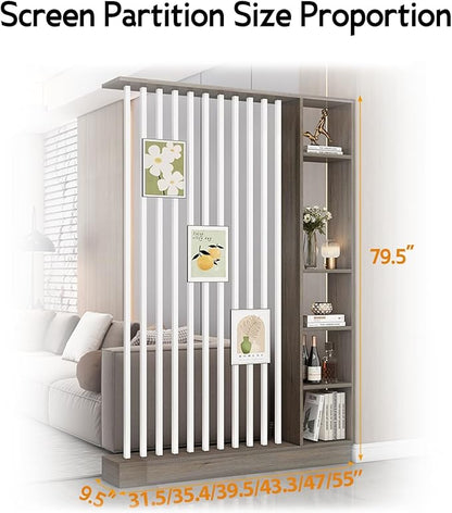 Wall Room Divider, Storage Cabinet Storage Display with Shelves, Modern Freestanding Wood Room Divider Screen, Wall Privacy Screens for Home Decorative (Grey Oak+White,47" L x 9.5" W x 79.5" H)