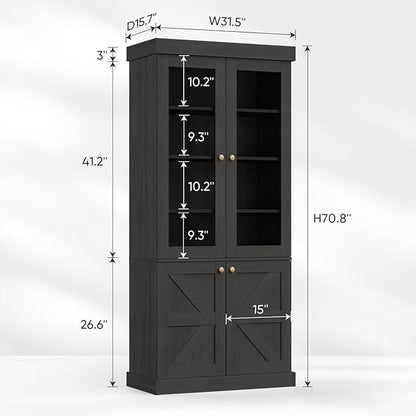 Vyre 71" Tall Farmhouse Bookshelves with Glass Doors, Large Modular Bookcase with Adjustable Shelves, Storage Cabinet for Living Room, Kitchen, Home Office, Black