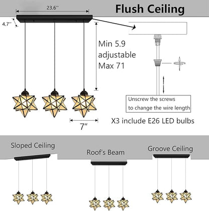Modern Frosted White Glass Chandelier Dining Room Farmhouse Star Pendants Lights for Kitchen Island LED Ceiling Hanging Lighting Included Warm Light Bulbs Black