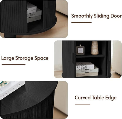 24" Large Fluted Round End Table with Charging Station, Farmhouse Cricle Sofa Side Table with Sliding Door and Storage, Rustic Curved Wood Nightstand for Living Room, Bedroom,Black
