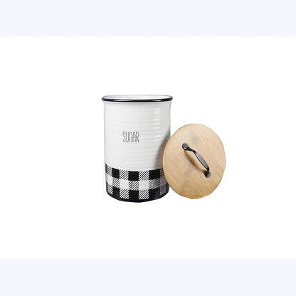 Young's Inc. 4 Pcs Set Plaid with Bamboo Lids Ceramic Canisters- Storage Container for Kitchen and Bathroom - Beautiful Home Decor Accent to Store Food, Coffee, Tea, and More - Black, White