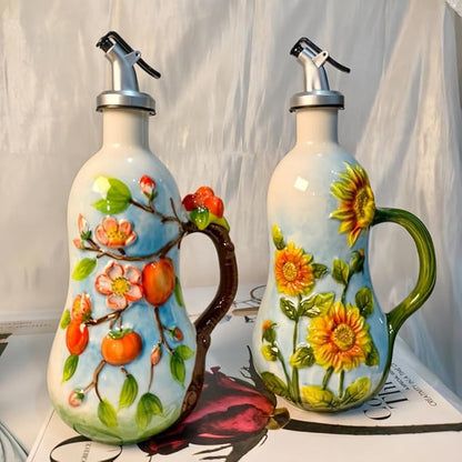18.26oz/540ml Ceramics Olive Oil Dispenser Bottle,Hand Painted Reliefs Oil Dispenser for Kitchen,Oil Bottles for Kitchen (Cherry)